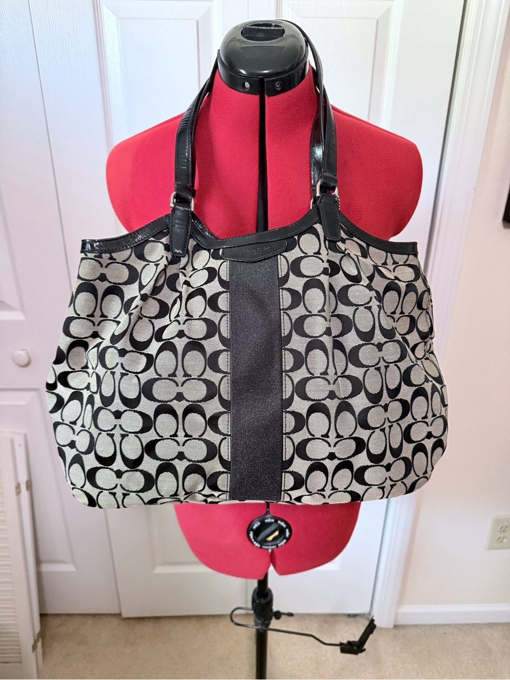 Coach Black and Ivory Signature Jacquard Tote with Leather Trim